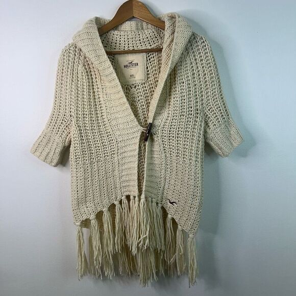 Hollister Y2K Toggle Fringe Knit Wool Crochet Hooded Cardigan Women's Size XS - Picture 1 of 11